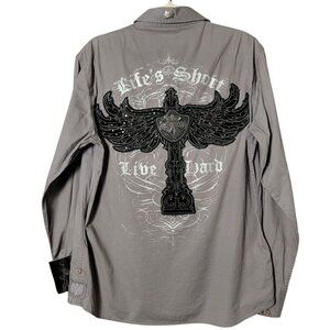 Sinners Born Mens Gray Bird Rhinestone Embroidered Y2K Button Up Shirt Medium